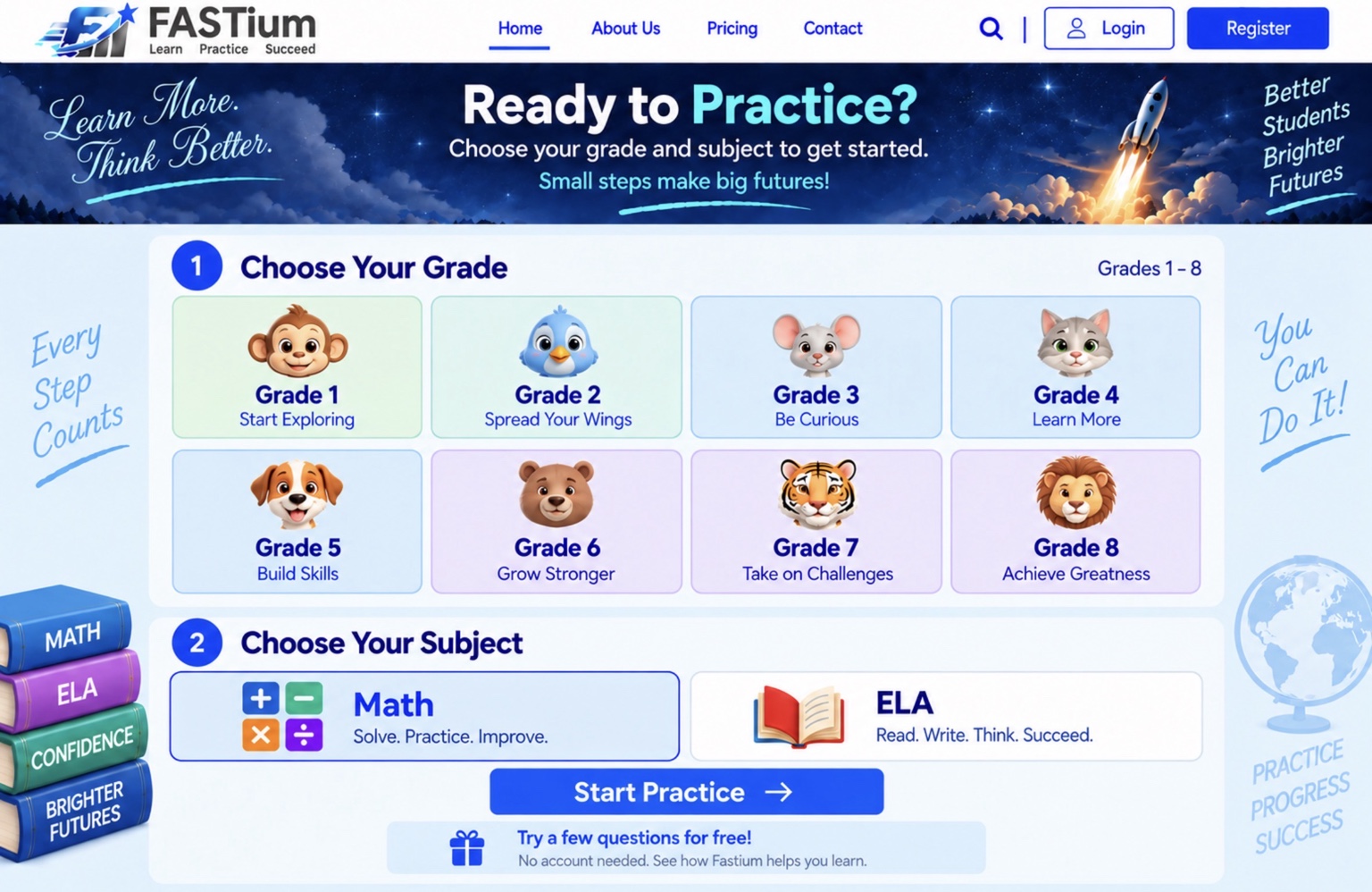 Fastium Ready to Practice page with grade 1 through 8, Math and ELA choices