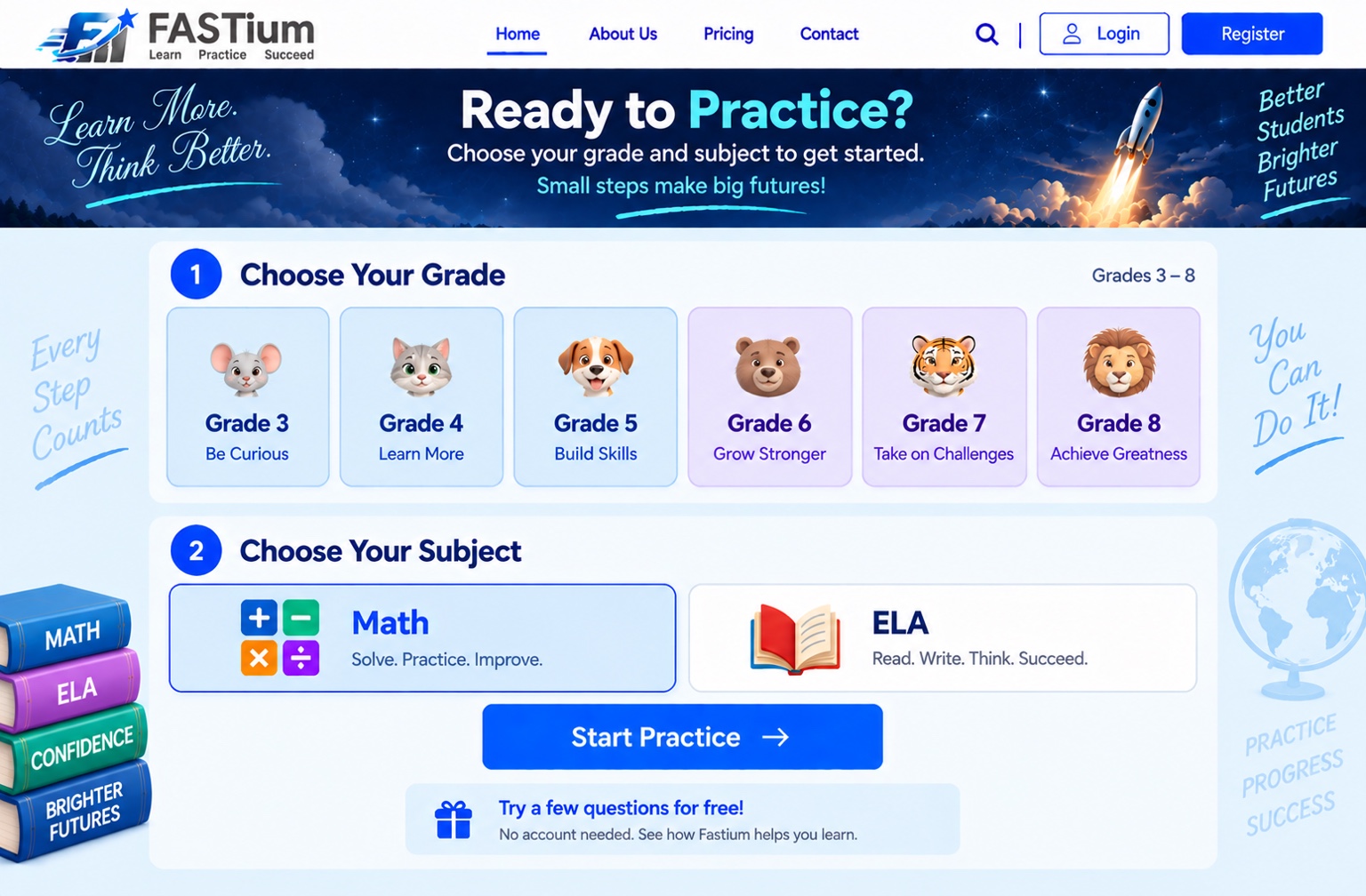 Fastium Start Practicing — choose grade 3 through 8 and Math or ELA
